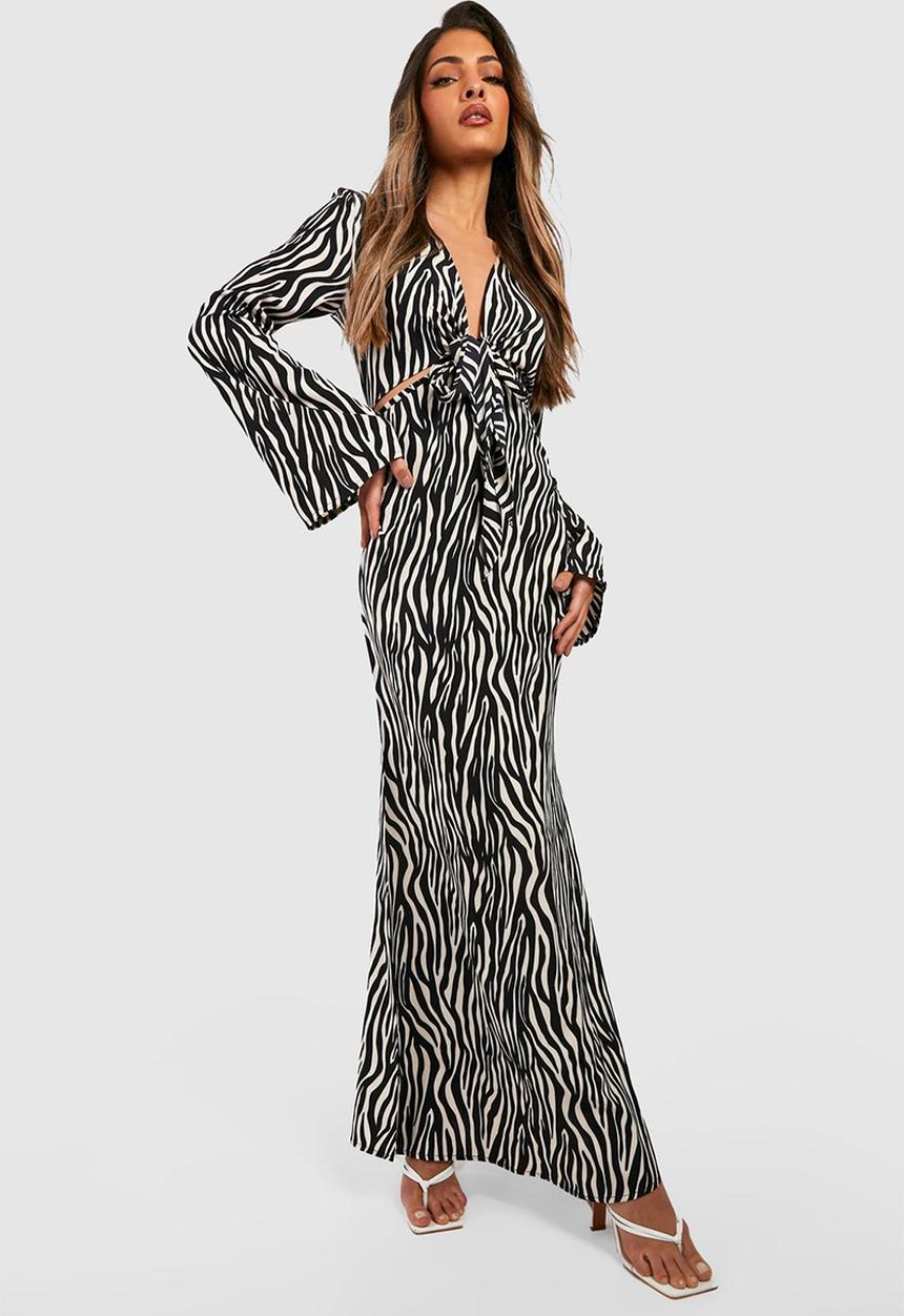boohoo - Zebra cut out tie front maxi dress - black
