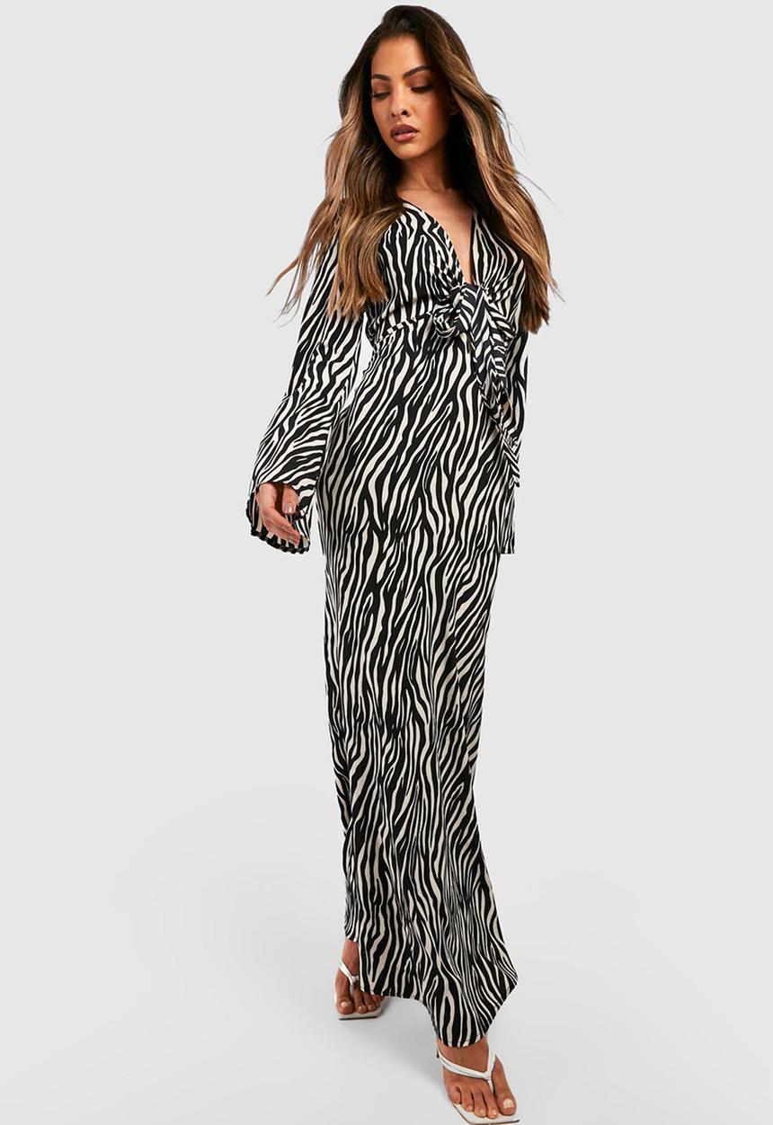 boohoo - Zebra cut out tie front maxi dress - black