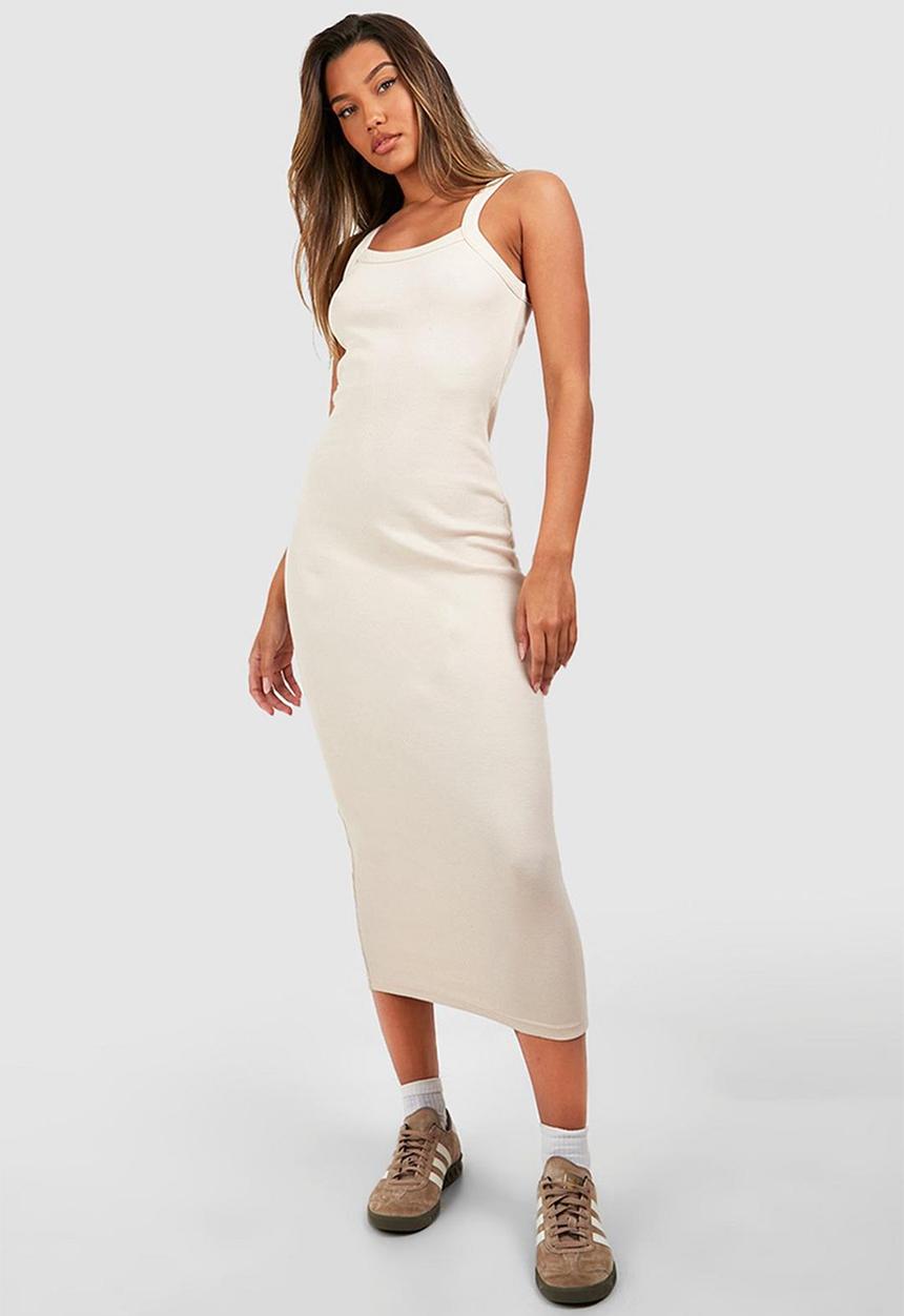 boohoo - Premium square neck rib thick binding midaxi dress - stone