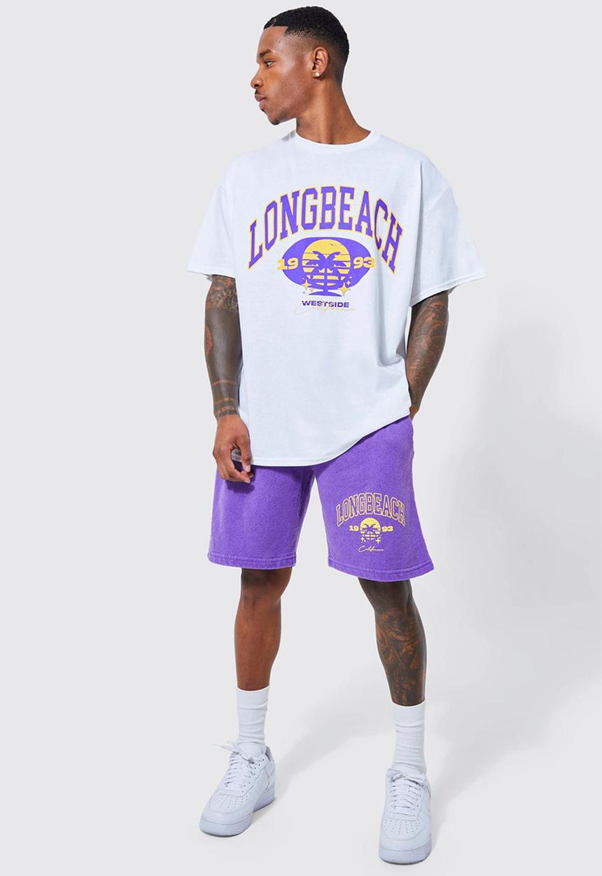 boohooMAN - Oversized long beach varsity t-shirt set - navy