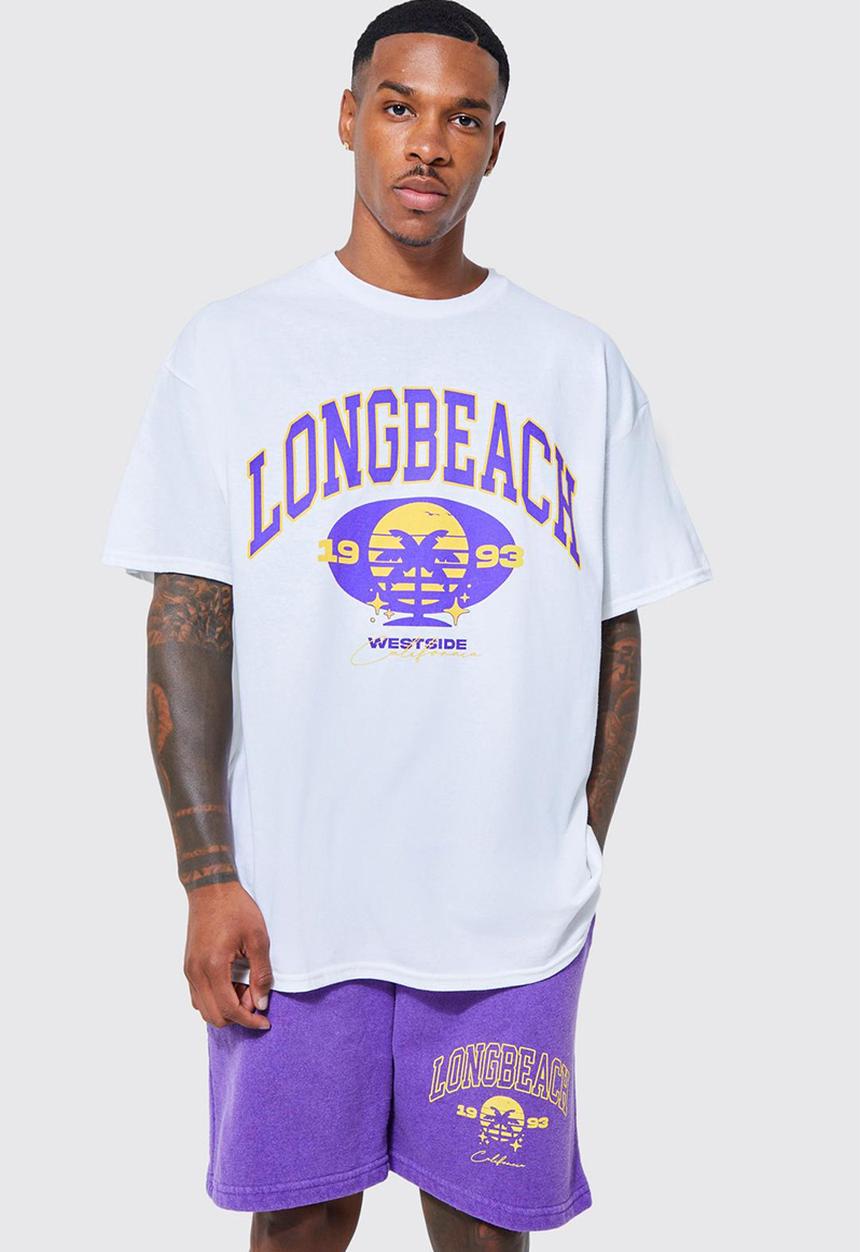 boohooMAN - Oversized long beach varsity t-shirt set - navy