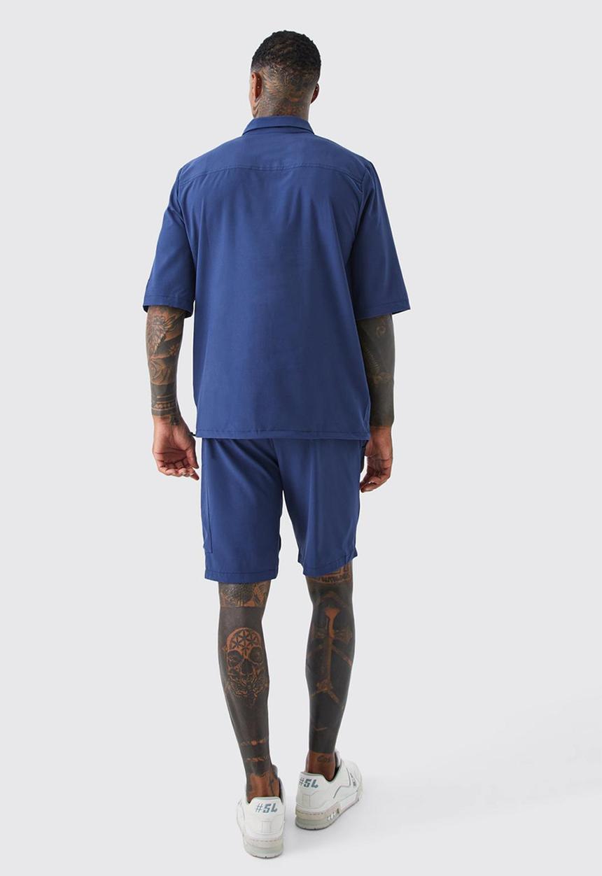 boohooMAN - Short sleeve technical utility shirt & short set - navy