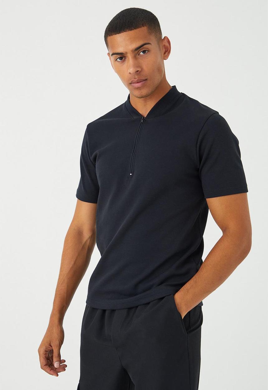 boohooMAN - Slim fit interlock bomber neck polo - black