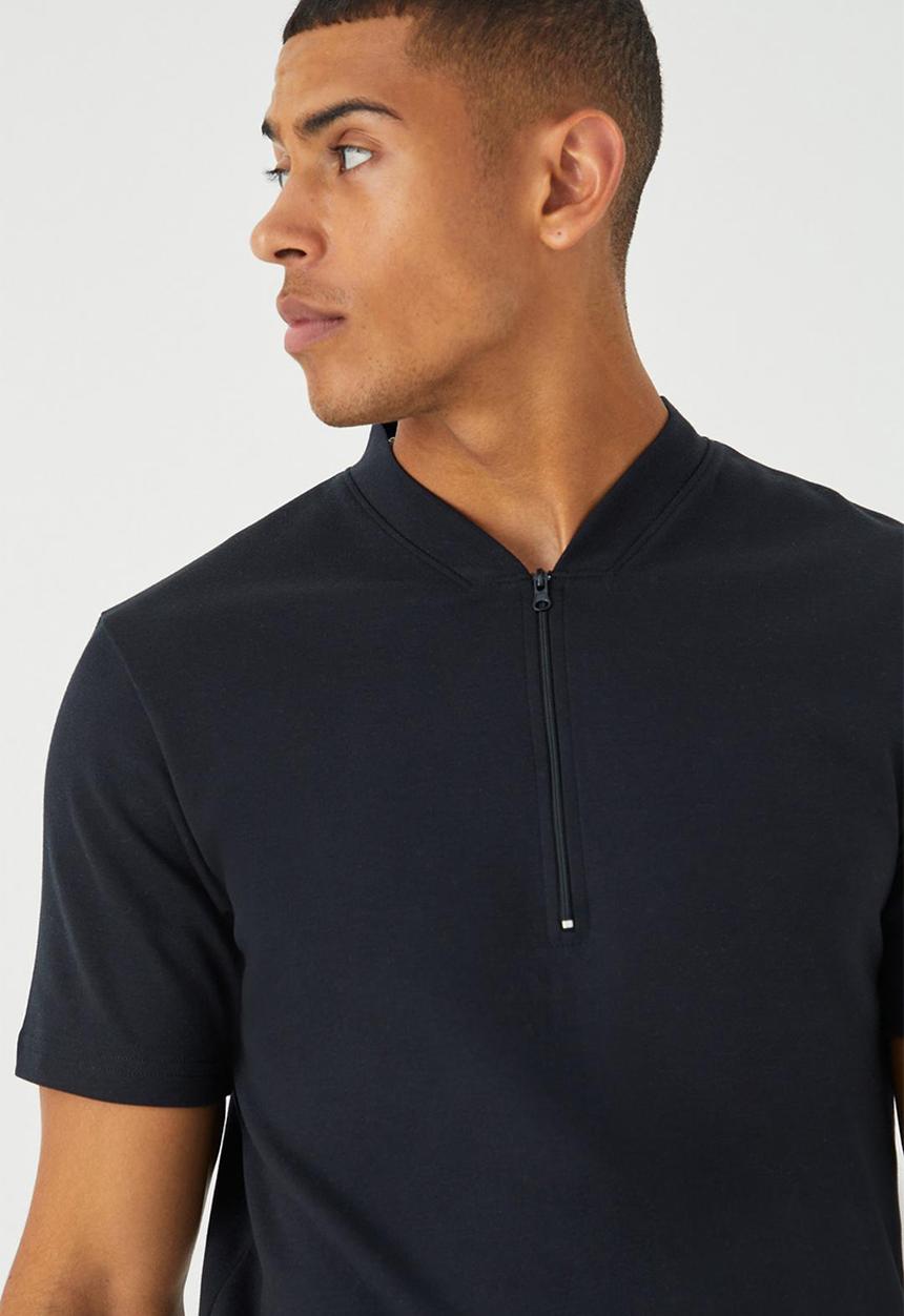 boohooMAN - Slim fit interlock bomber neck polo - black