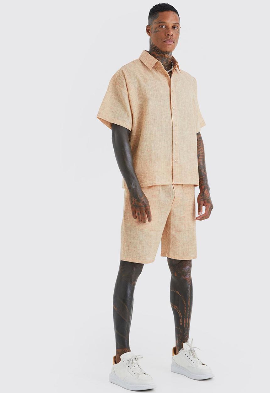 boohooMAN - Short sleeve boxy linen look shirt and short - chocolate