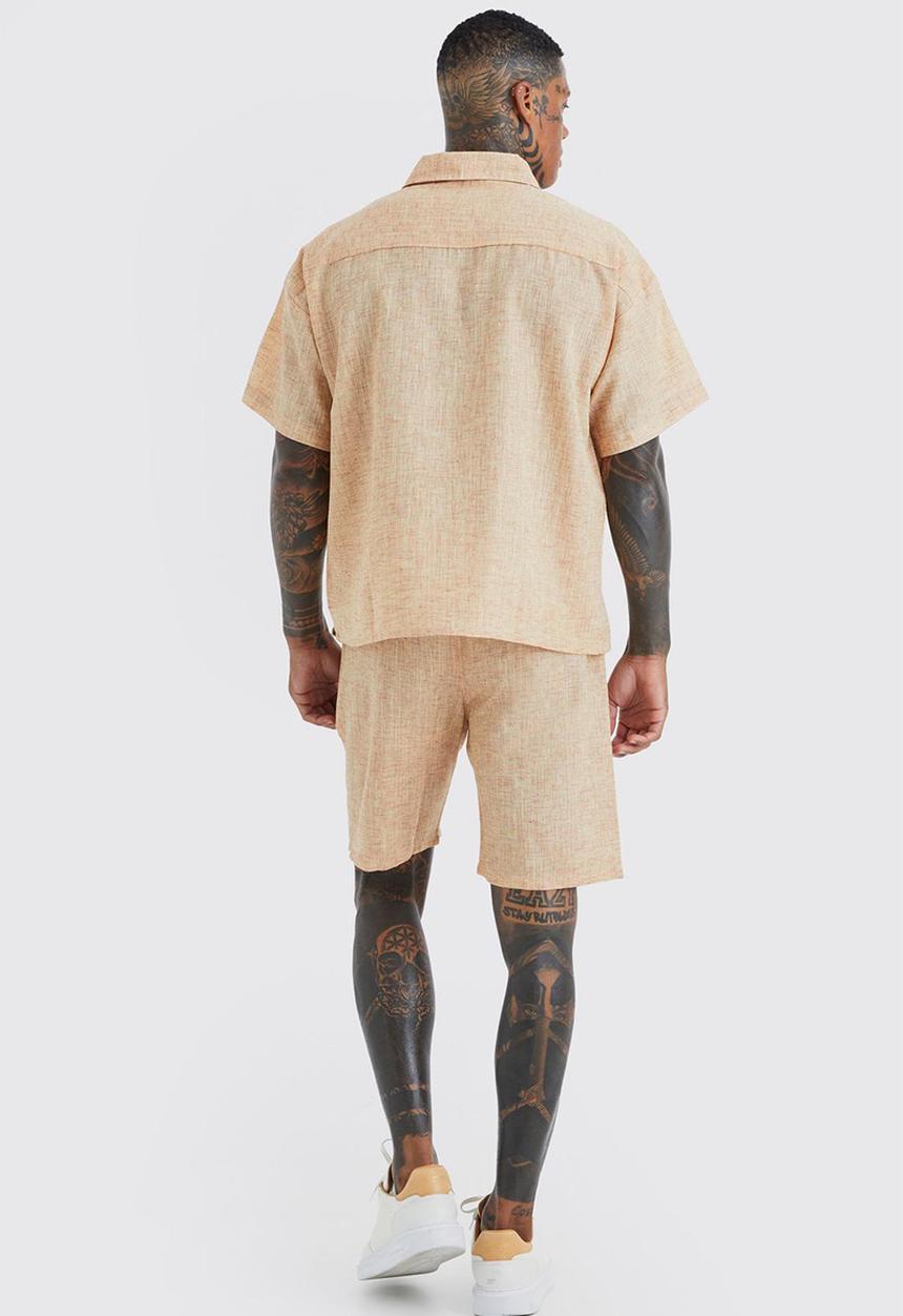 boohooMAN - Short sleeve boxy linen look shirt and short - chocolate