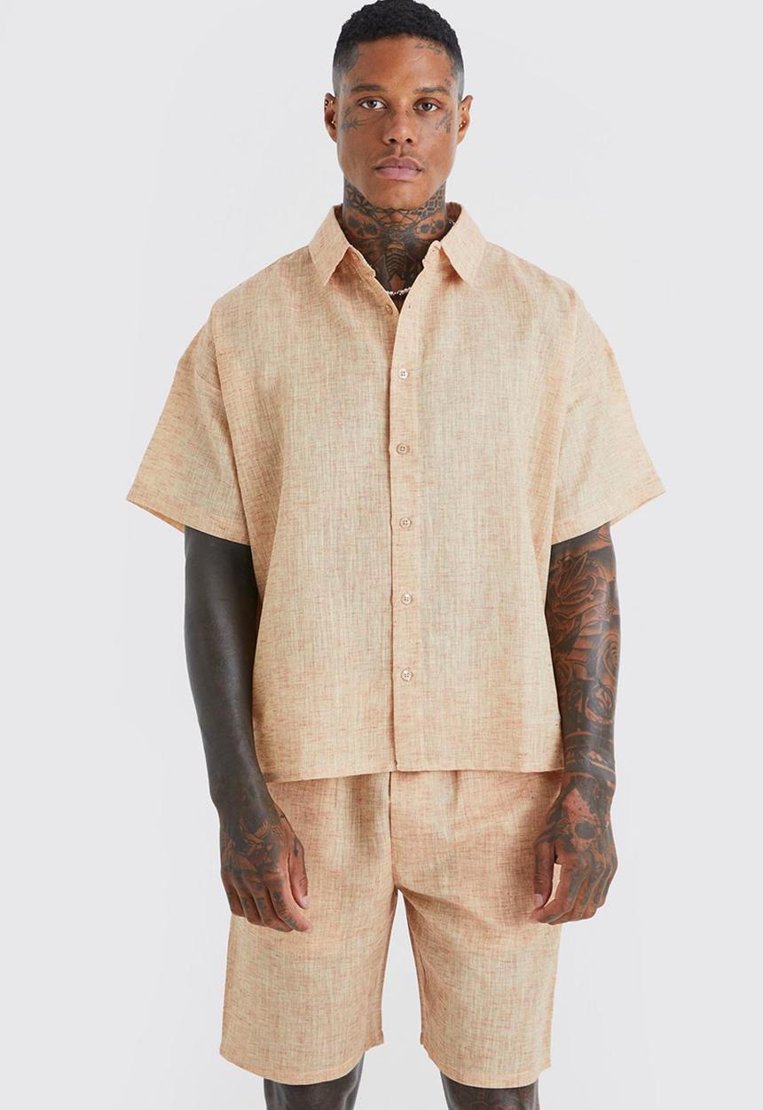 boohooMAN - Short sleeve boxy linen look shirt and short - chocolate