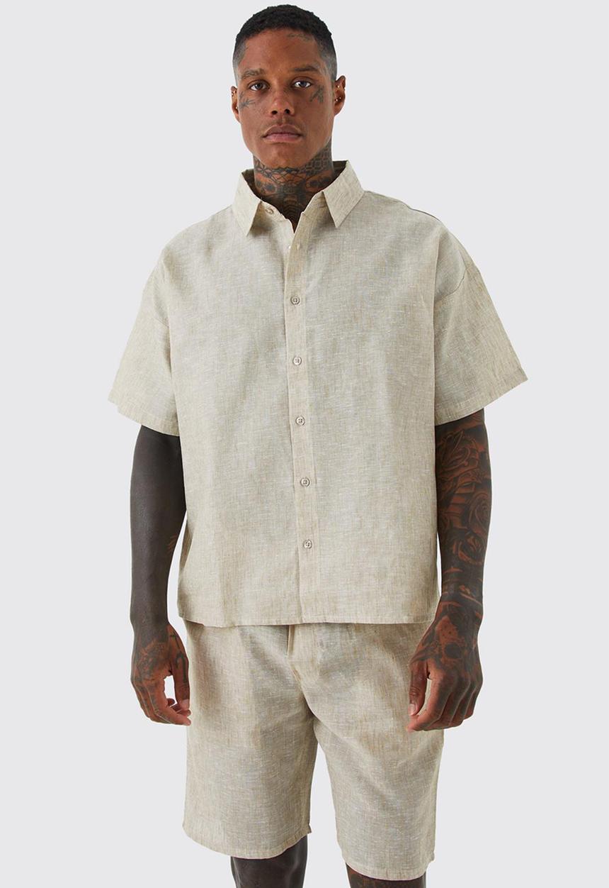 boohooMAN - Boxy linen look shirt and short set - neutral