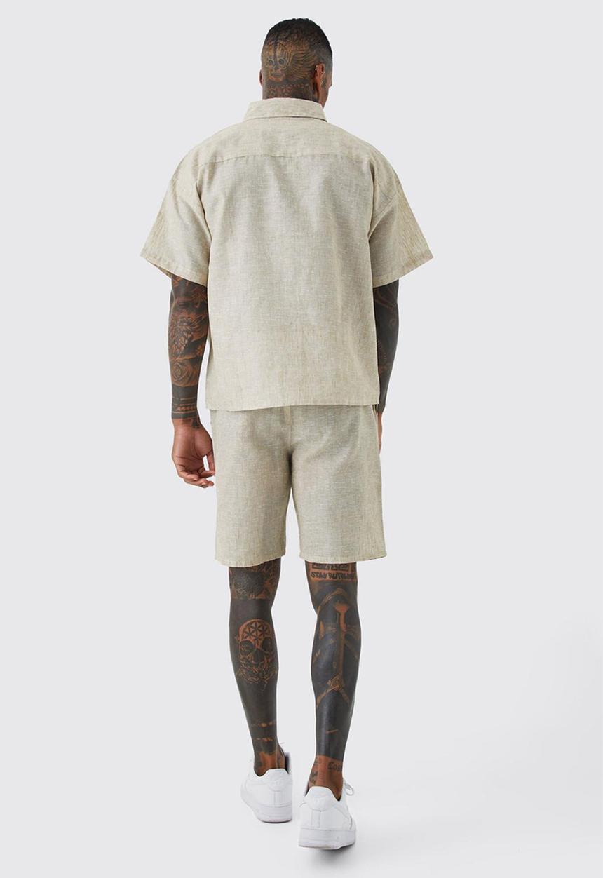 boohooMAN - Boxy linen look shirt and short set - neutral