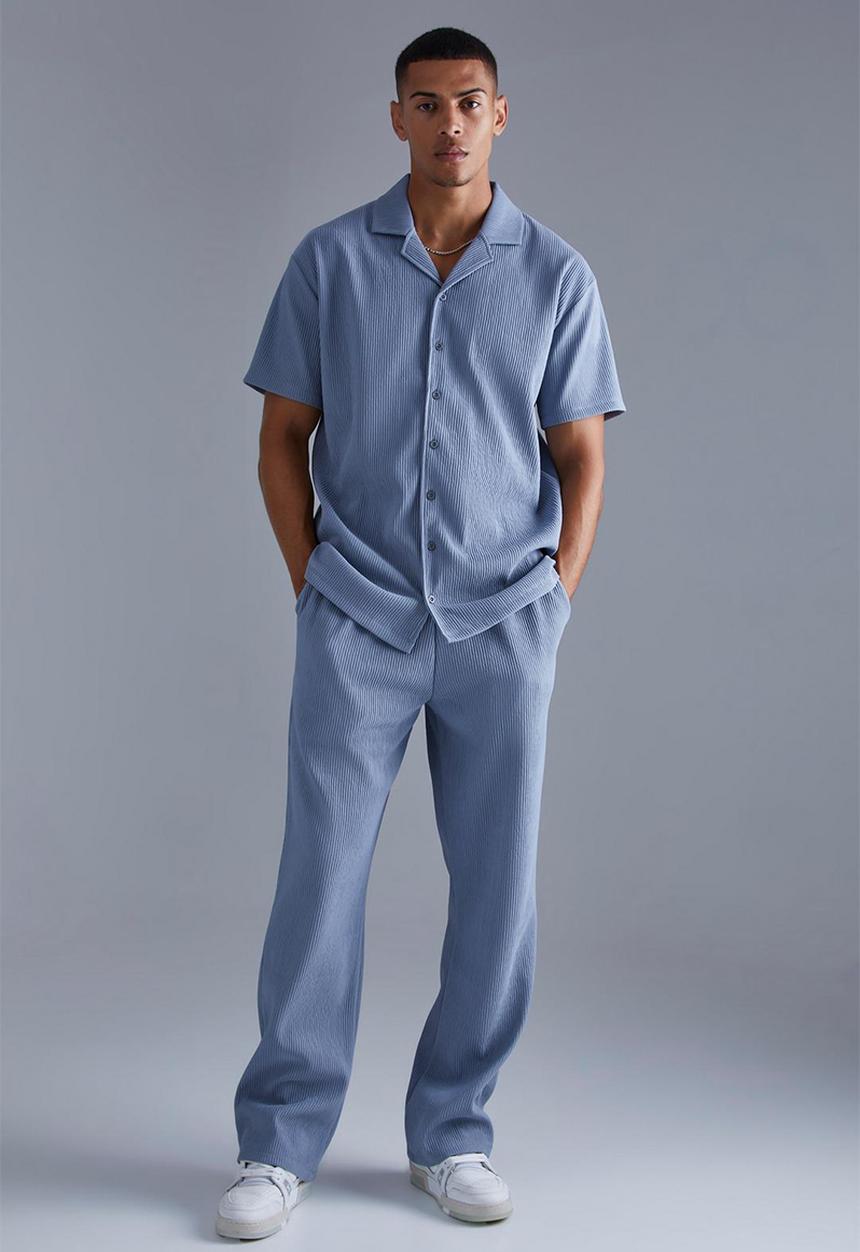 boohooMAN - Heavy ottoman revere shirt and trouser set - blue