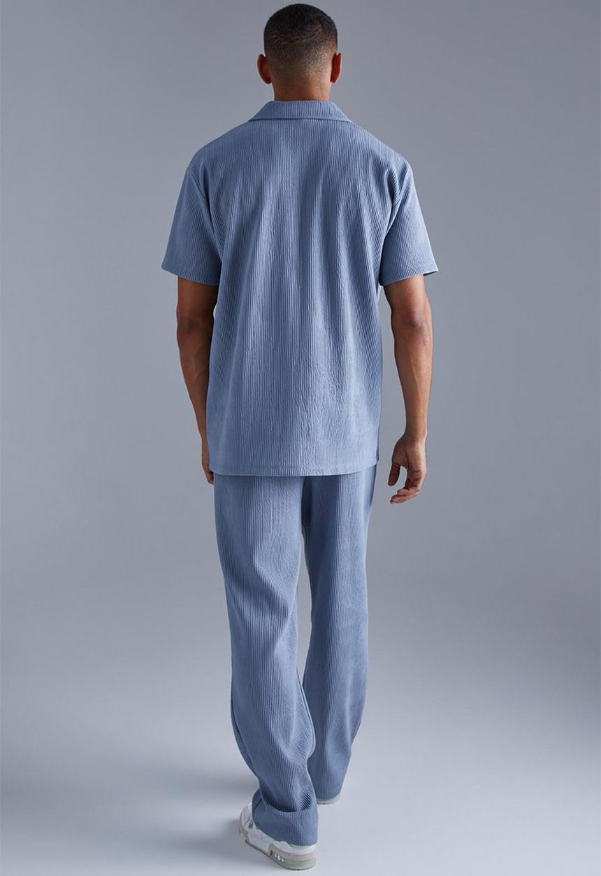 boohooMAN - Heavy ottoman revere shirt and trouser set - blue
