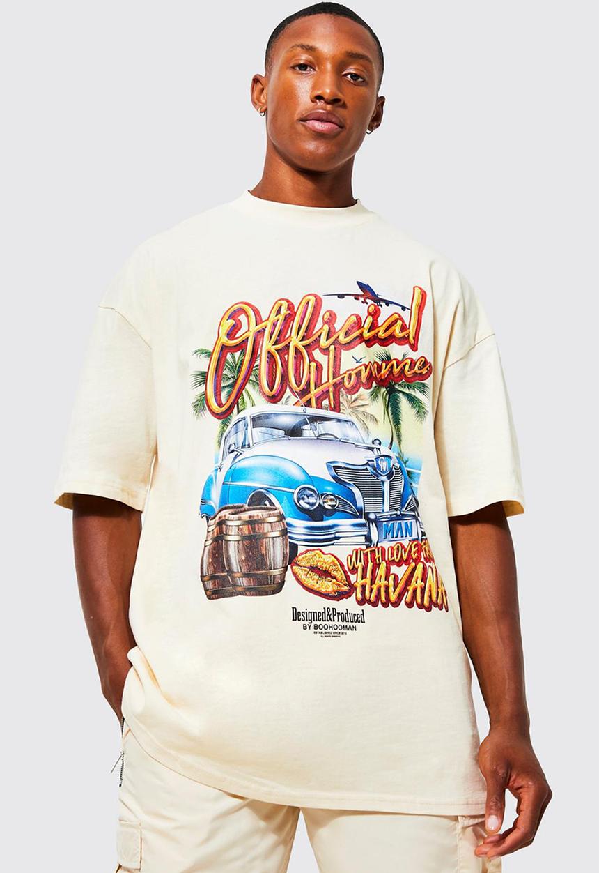 boohooMAN - Oversized extended neck car graphic t-shirt - sand