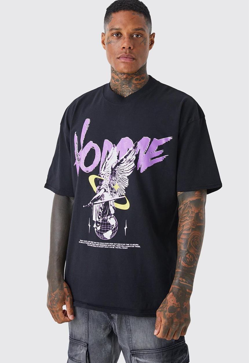 boohooMAN - Oversized homme graphic t-shirt - black