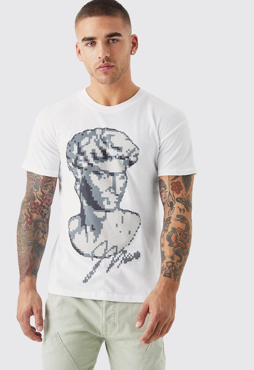 boohooMAN - Pixilated statue graphic t-shirt - white
