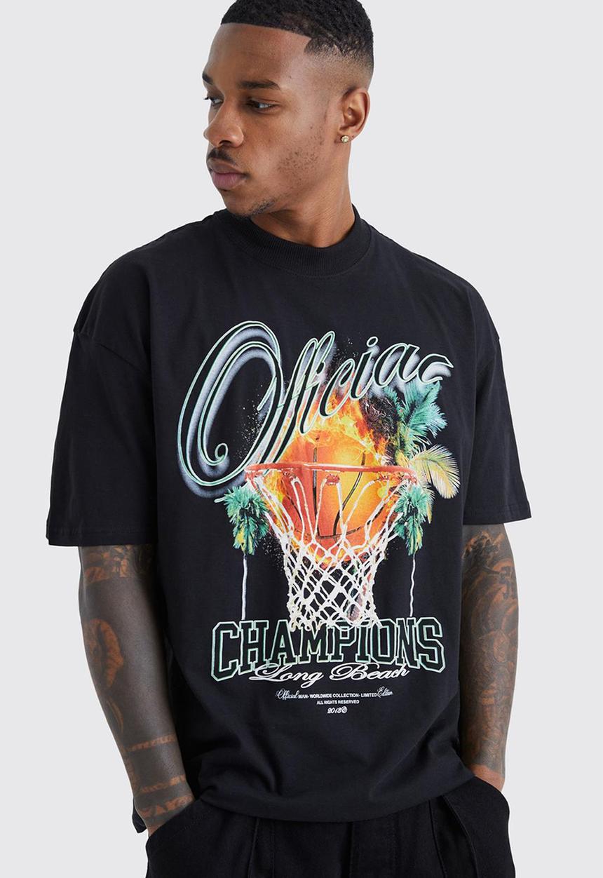 boohooMAN - Oversized champions graphic t-shirt - black