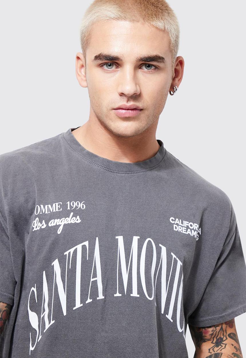 boohooMAN - Acid wash santa monica varsity print boxy t-shirt - charcoal