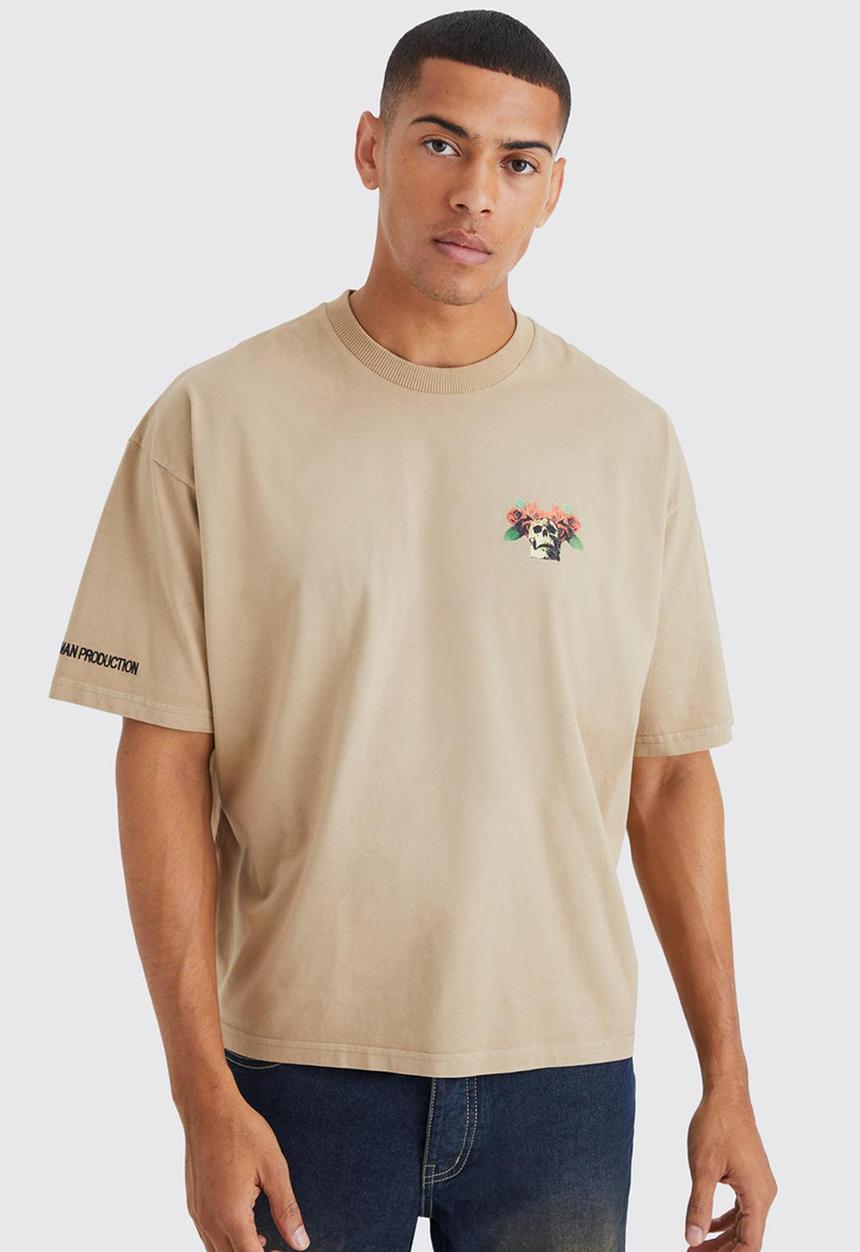 boohooMAN - Oversized boxy false prophets graphic t-shirt - sand