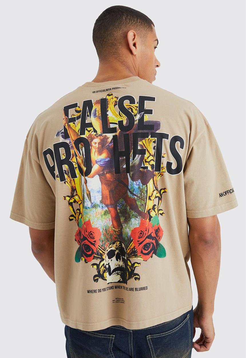 boohooMAN - Oversized boxy false prophets graphic t-shirt - sand