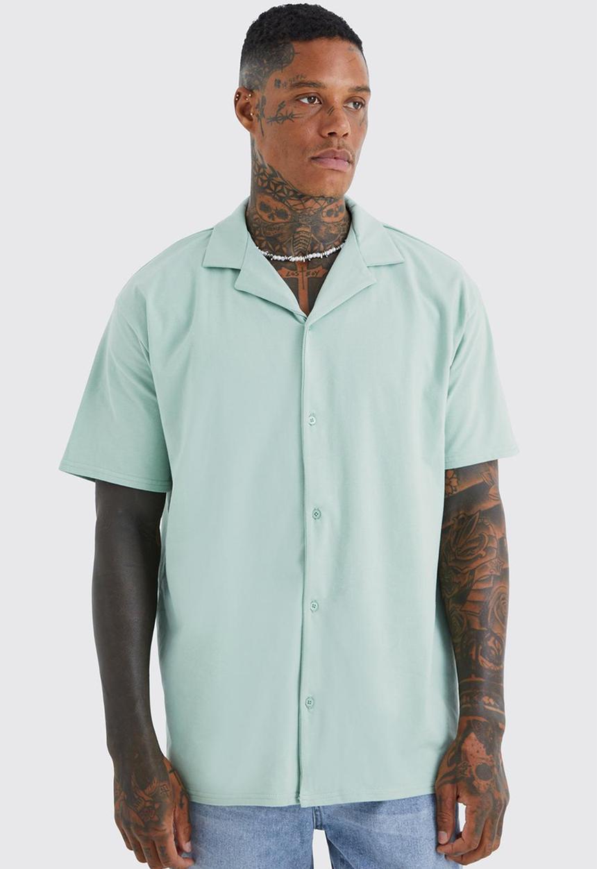 boohooMAN - Short sleeve oversized revere jersey shirt - sage