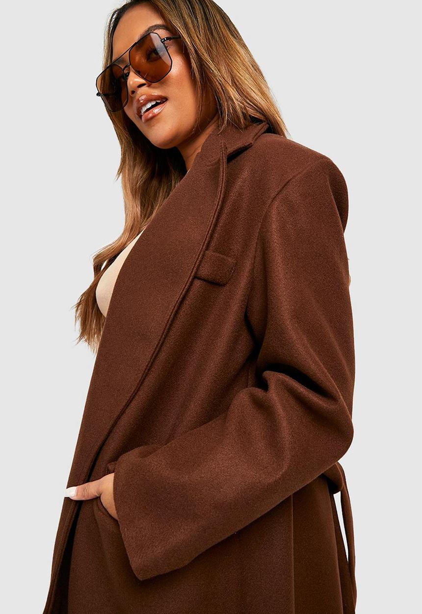 boohoo - Plus belted wool look coat - chocolate