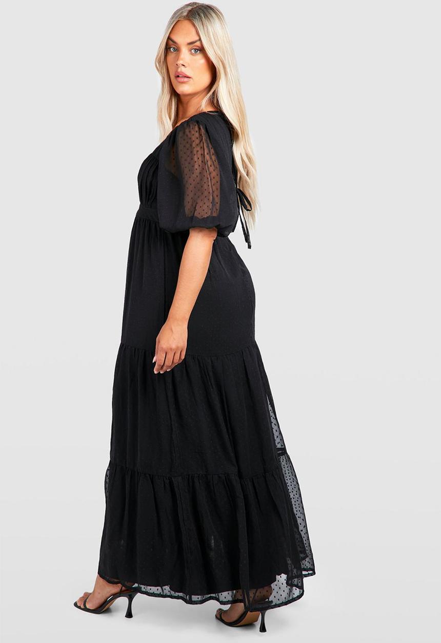 boohoo - Plus dobby milkmaid detail maxi dress - black