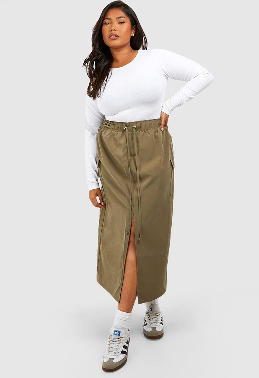 boohoo - Plus cargo midaxi skirt - khaki