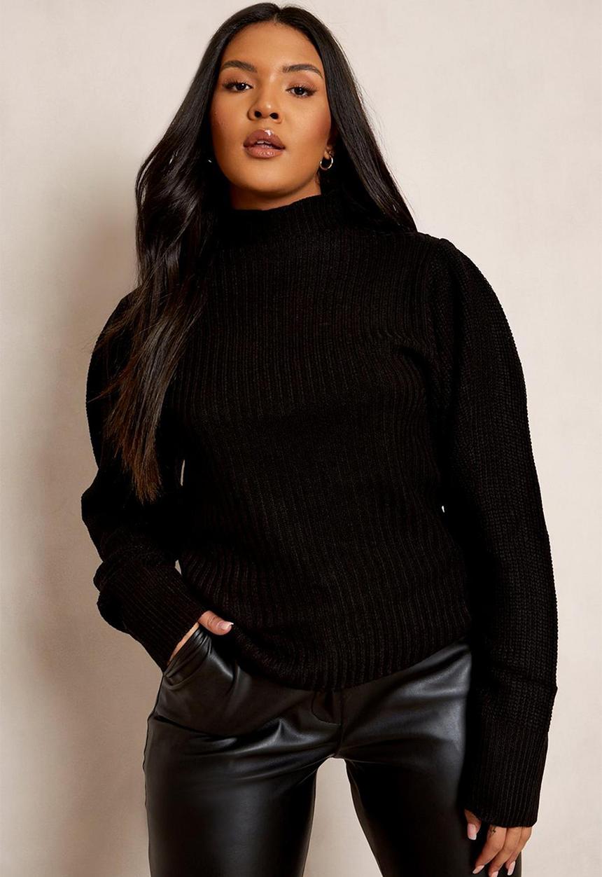 boohoo - Plus contrast stitch balloon sleeve jumper - black