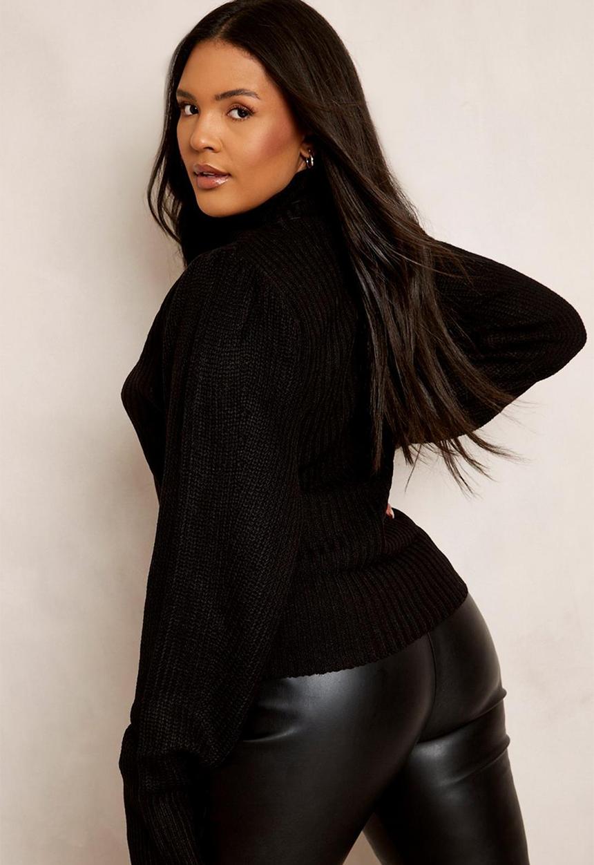 boohoo - Plus contrast stitch balloon sleeve jumper - black