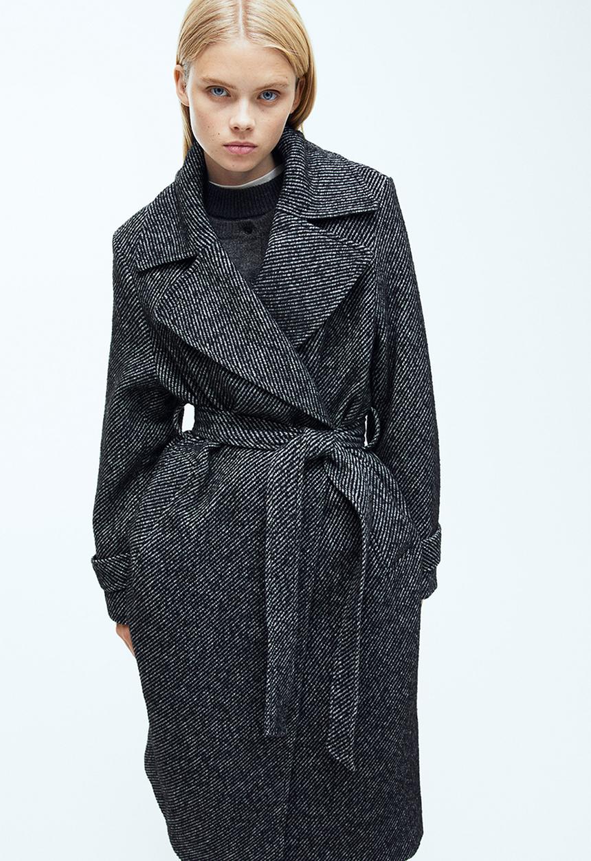 H&M - Tie-belt twill coat - black striped