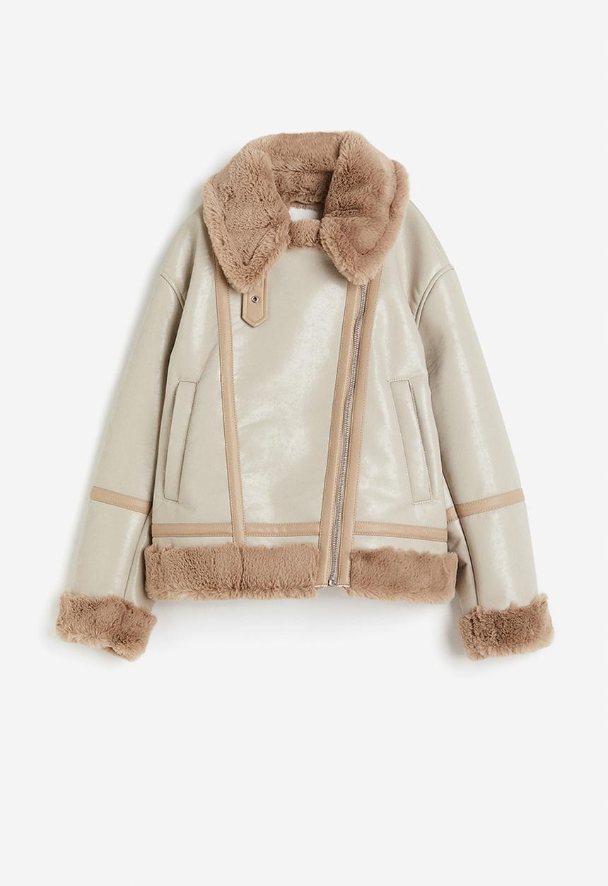 H&M - Pile-lined biker jacket - light greige