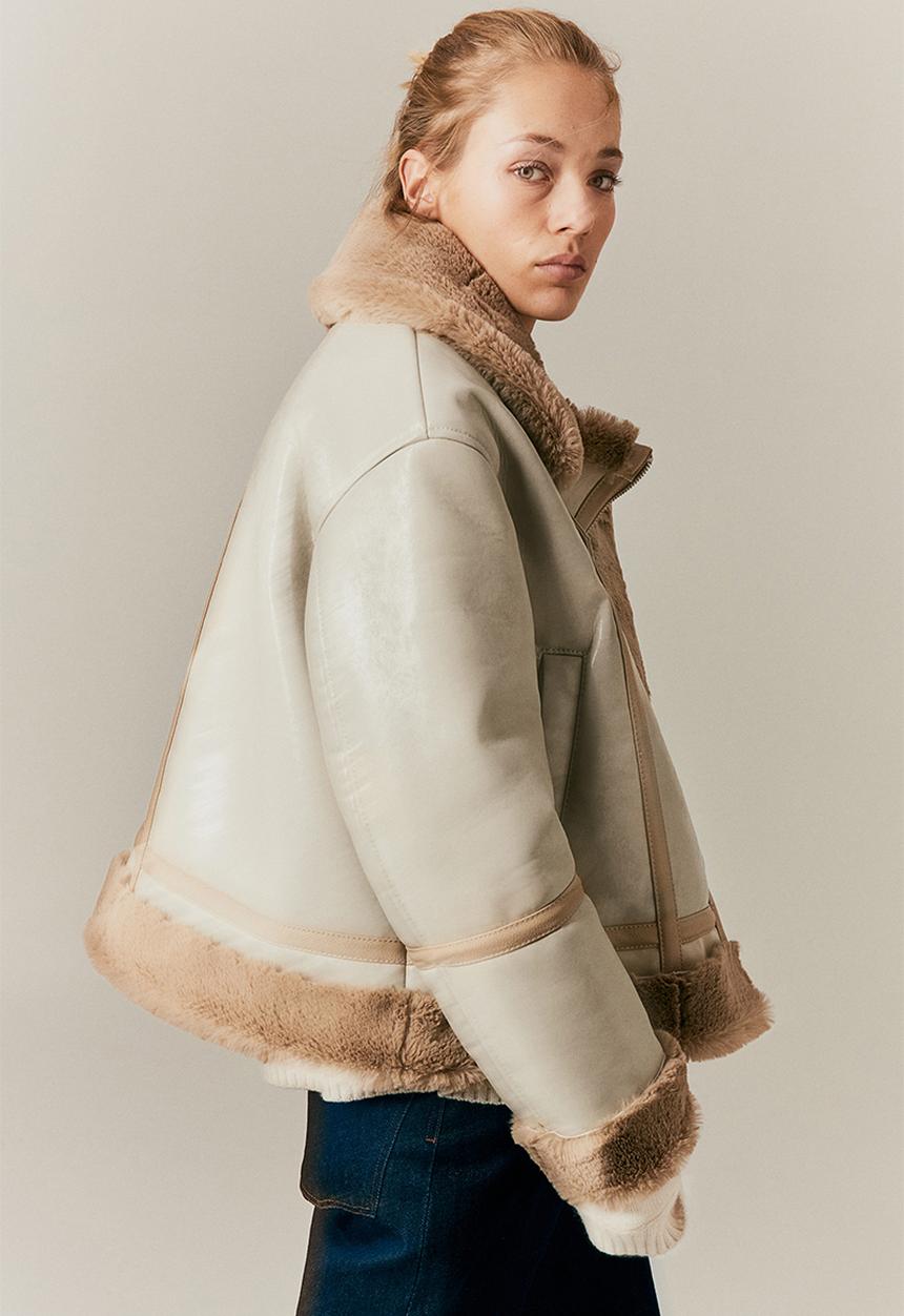 H&M - Pile-lined biker jacket - light greige