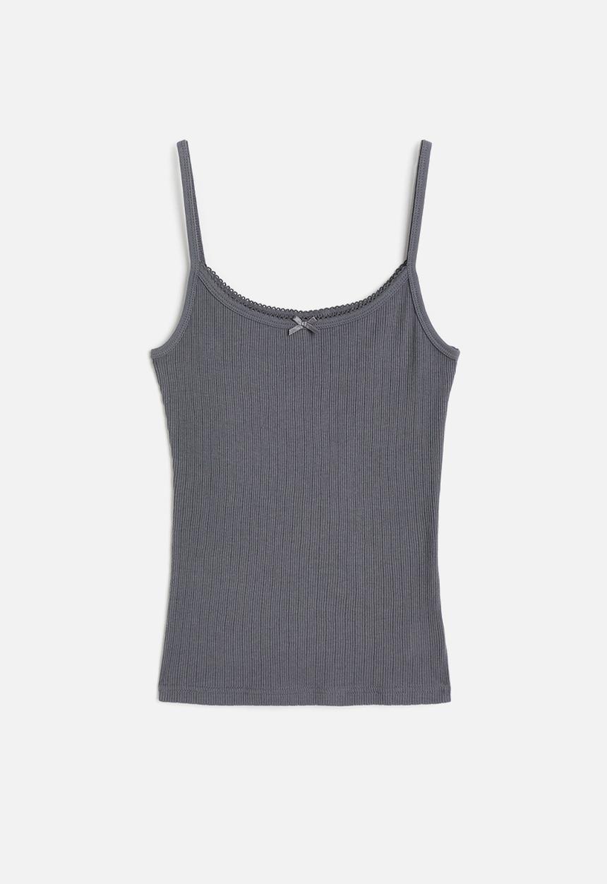 H&M - Picot-trimmed strappy top - dark grey