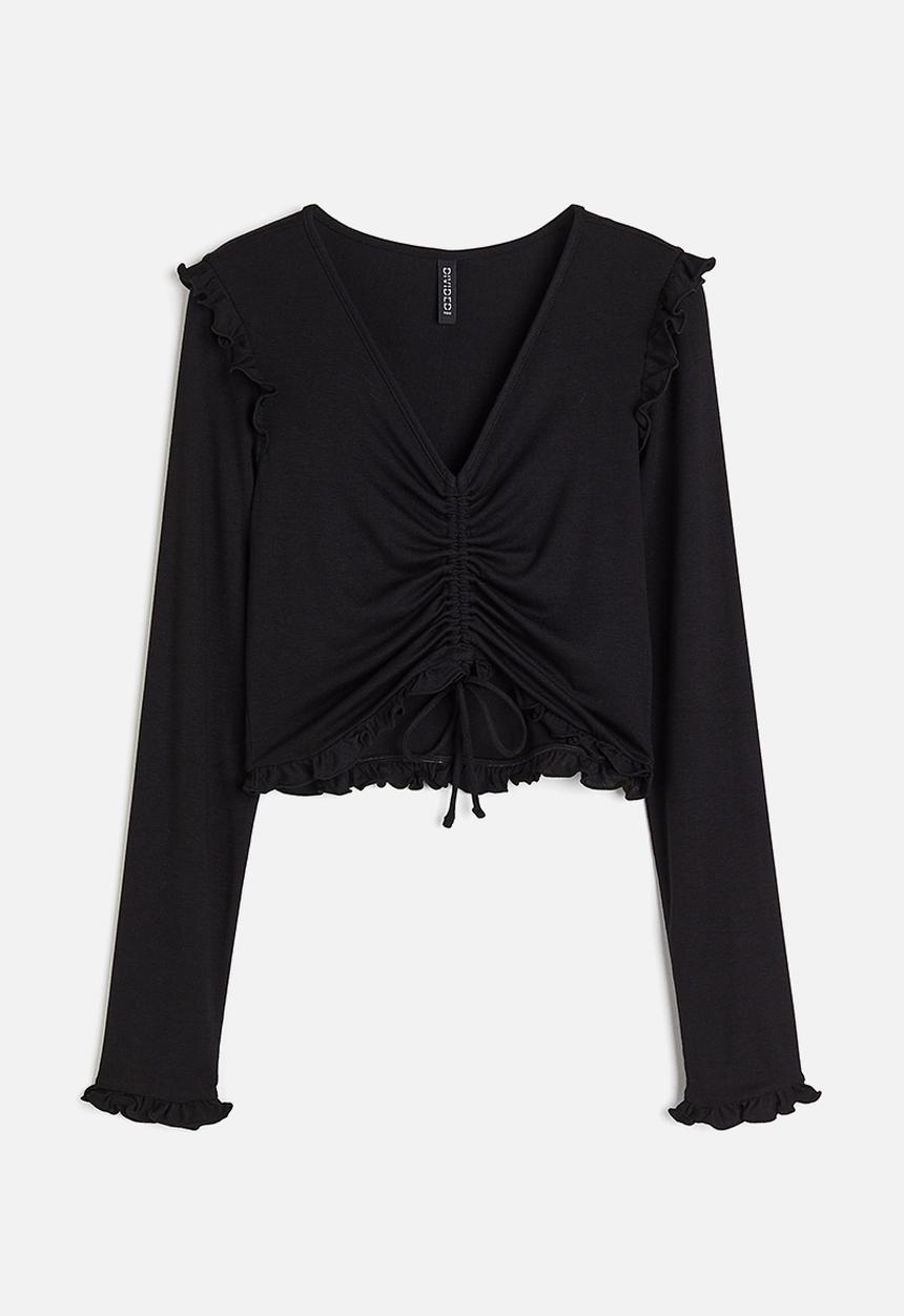 H&M - Ribbed drawstring-detail top - black