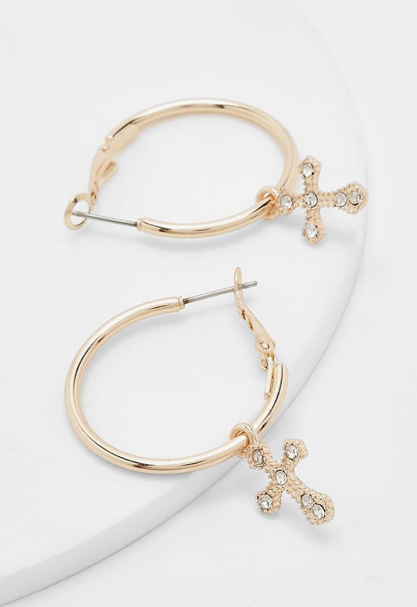 boohoo - Cross drop hoop earring - gold