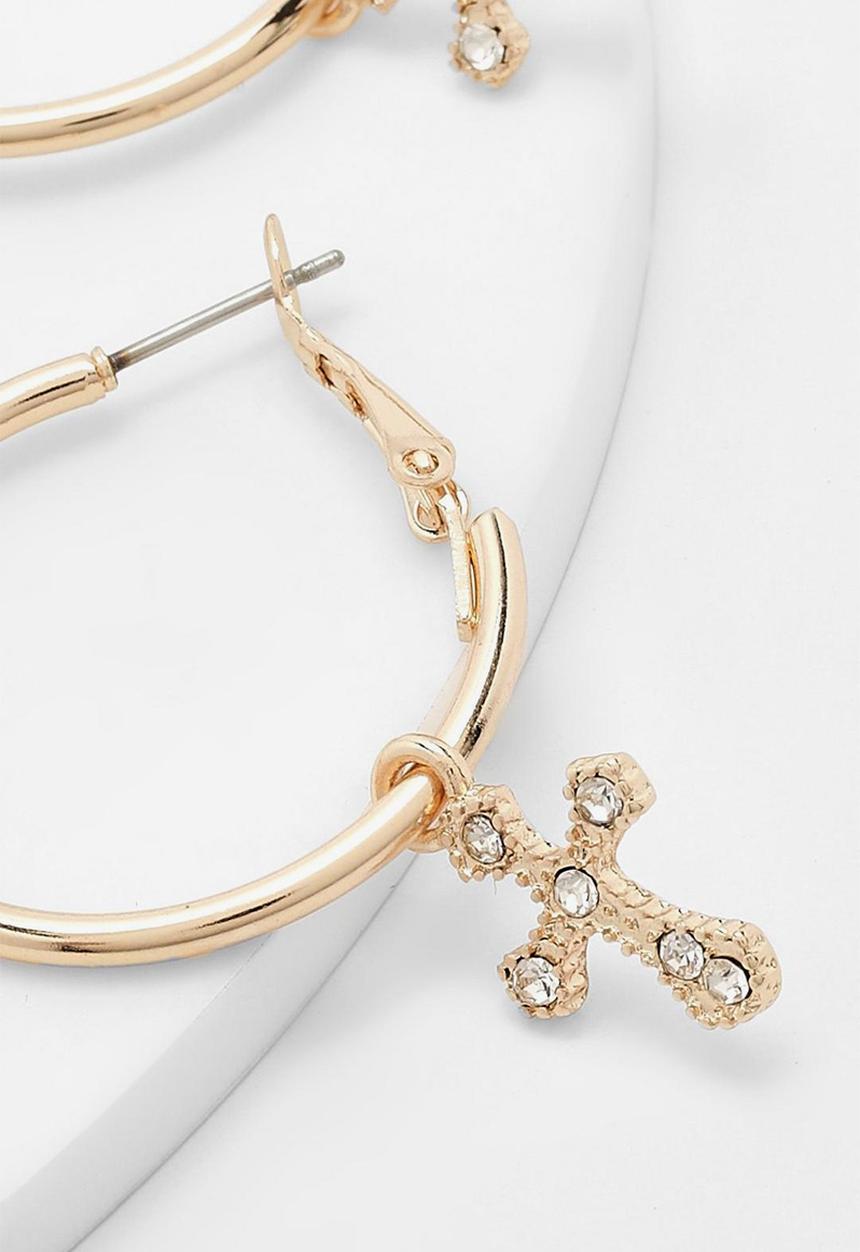 boohoo - Cross drop hoop earring - gold