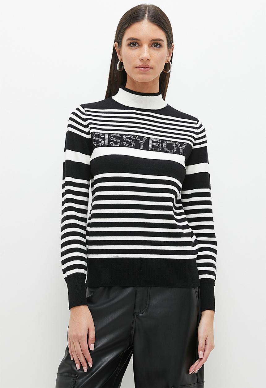 SISSY BOY - Stripe Knit W Diamante Branding - Black & White