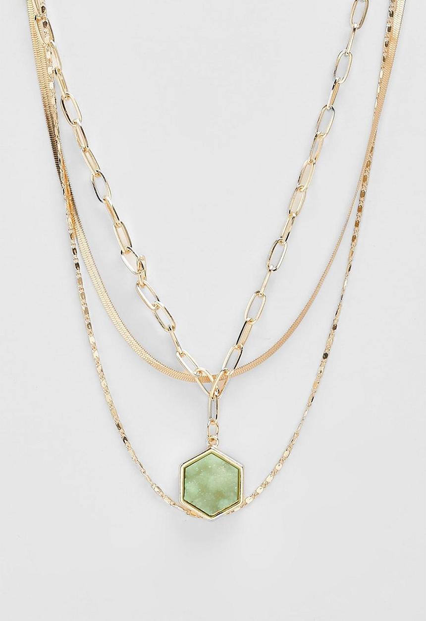 boohoo - Green stone drop chain necklace - gold