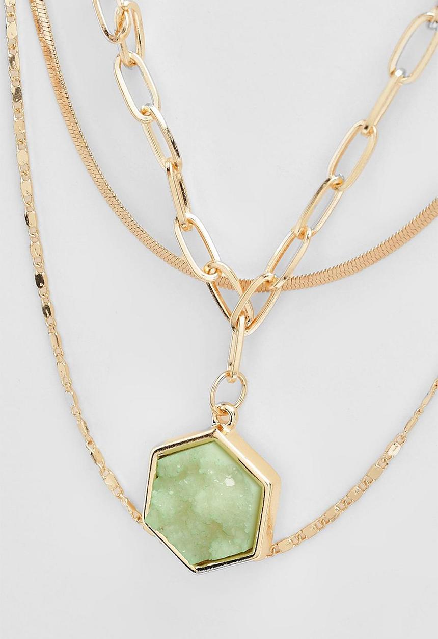 boohoo - Green stone drop chain necklace - gold
