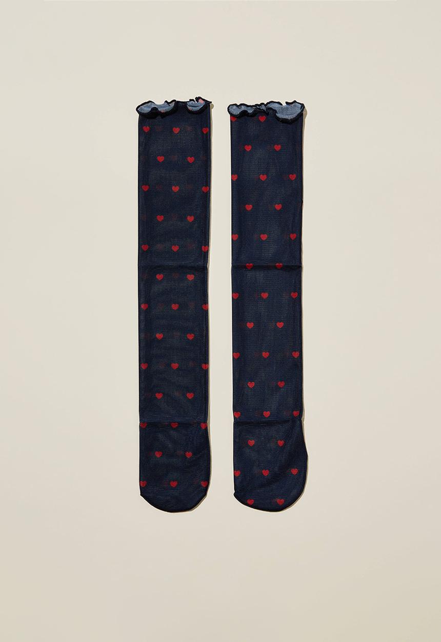 Rubi - Printed Mesh Sock - Red Hearts/Navy