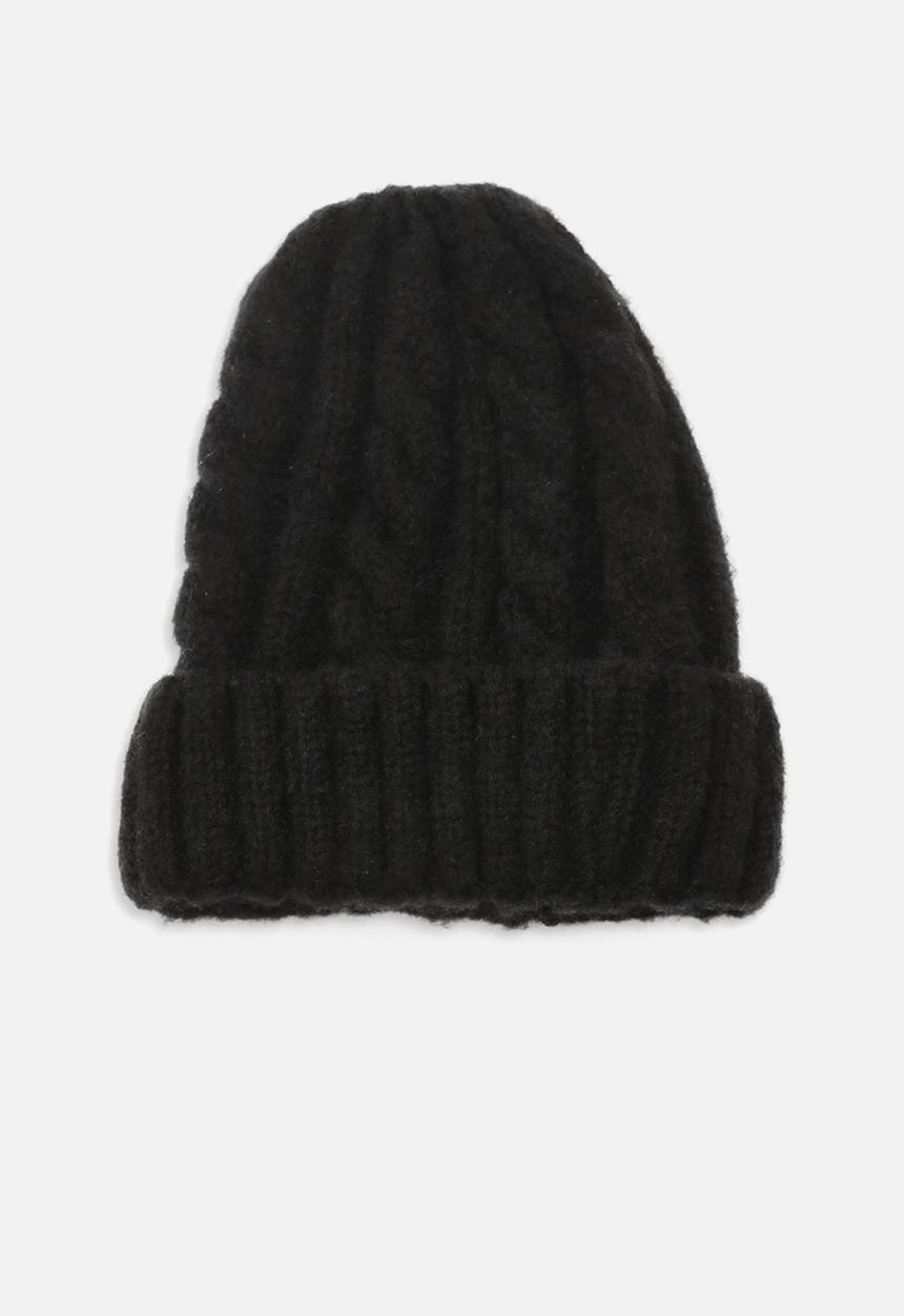 boohoo - Chunky mixed marl cable knit beanie - black