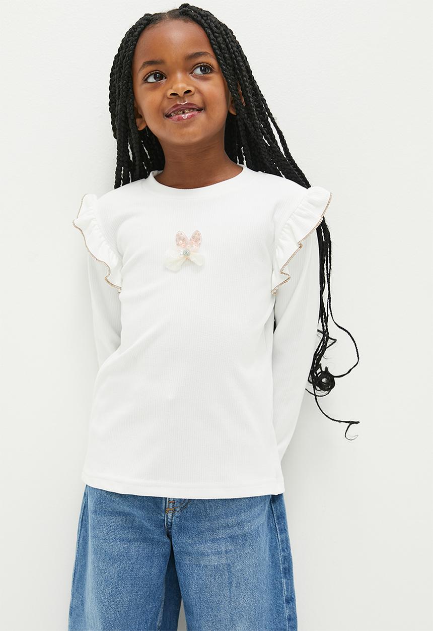 Pop Candy - Frill sleeve top - white