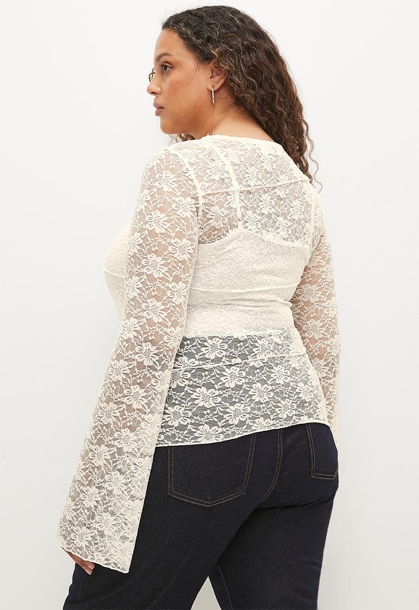 Cotton On - Plus Shae Spliced Lace Long Sleeve Top - Cream