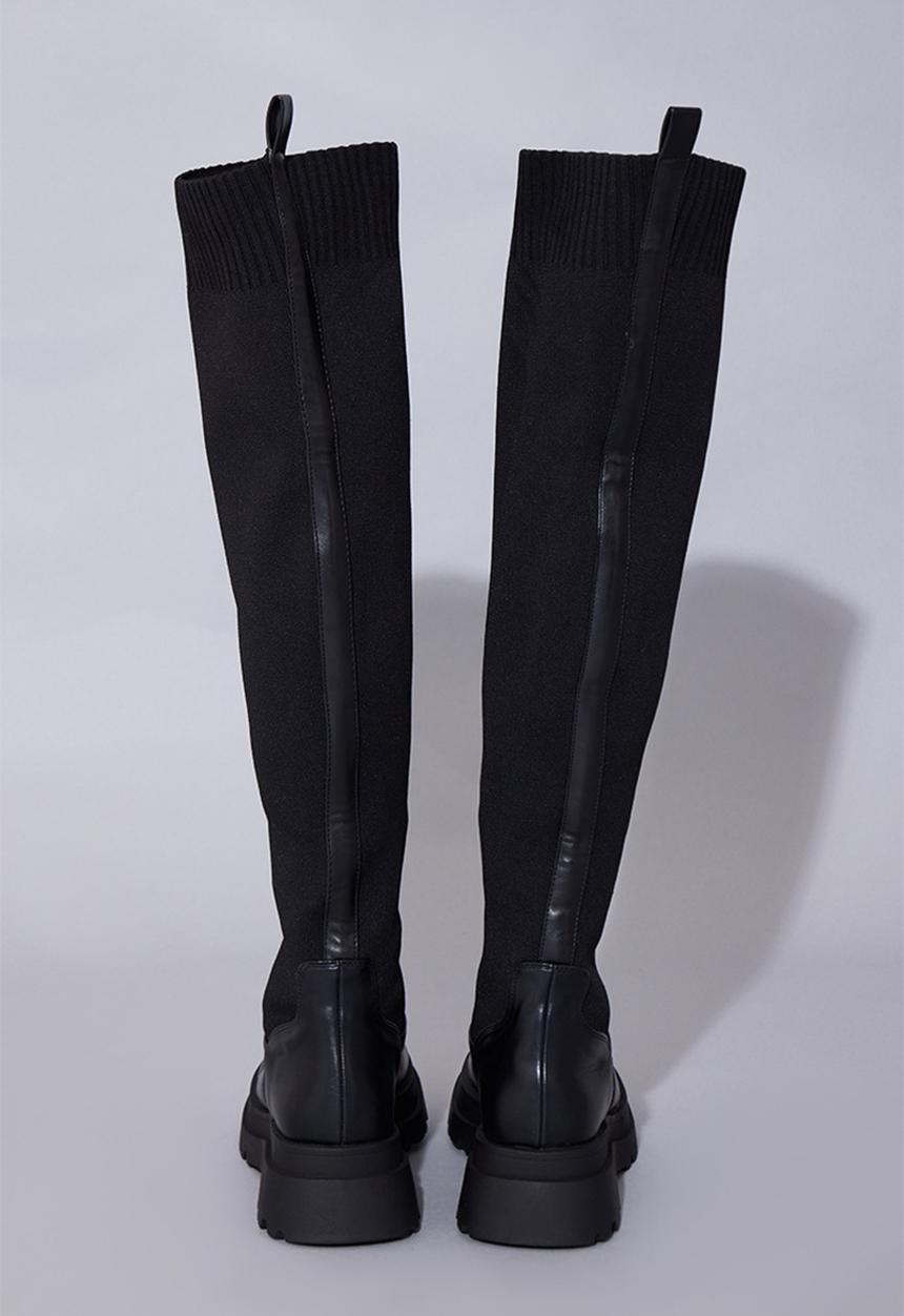 PrettyLittleThing - Black pu contrast knitted over the knee boots - black