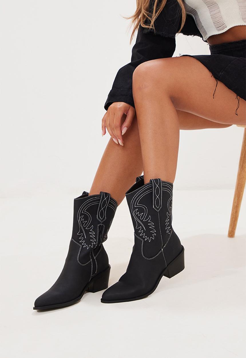 PrettyLittleThing - Black pointed stitch detailing calf western boots - black