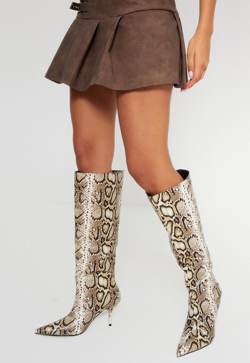PrettyLittleThing - Snake print pu point toe stiletto heeled knee boots - snake print