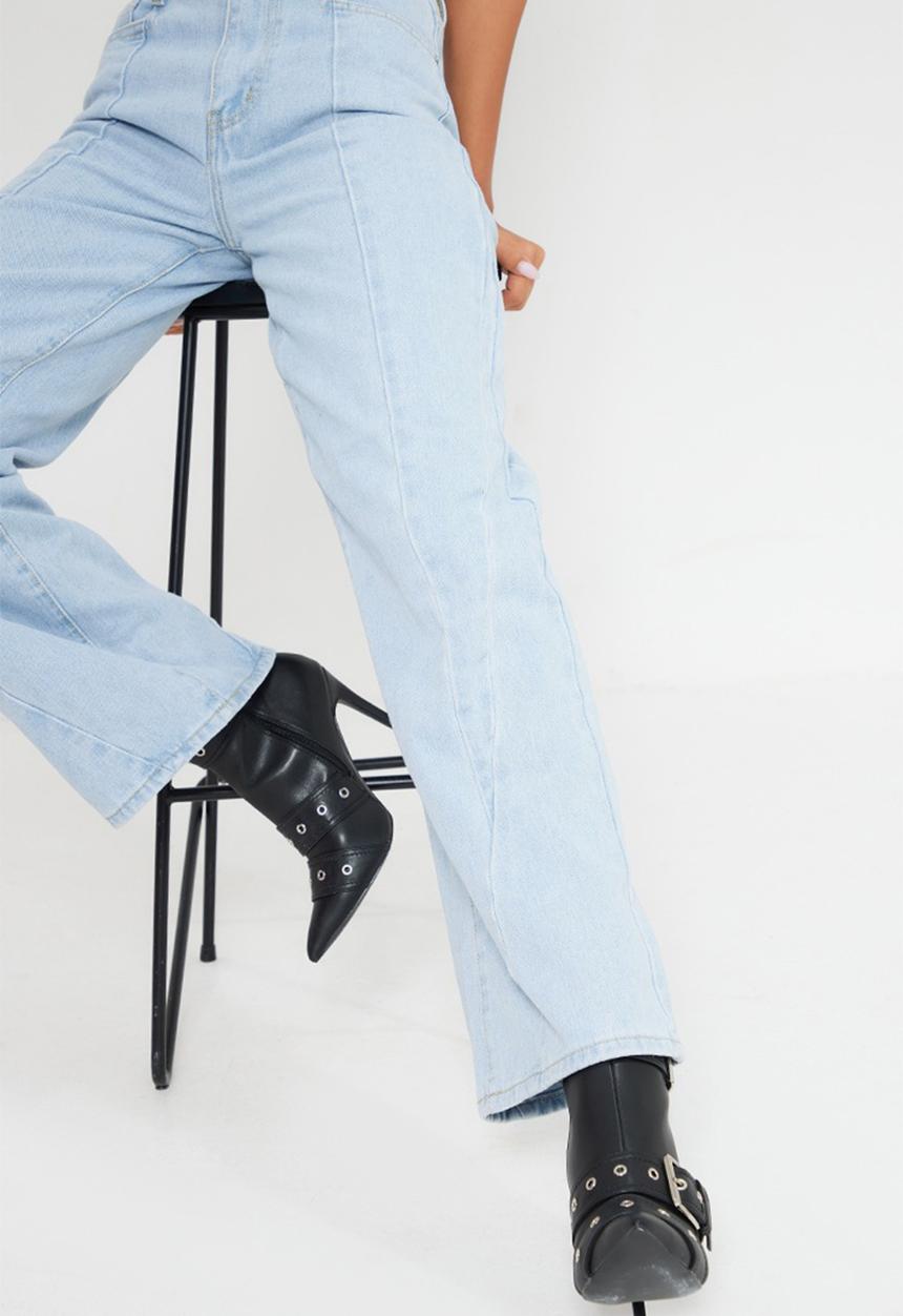PrettyLittleThing - Black faux leather point toe buckle detail heeled ankle boot - black