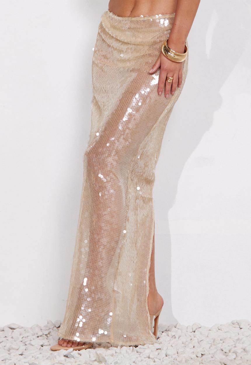 PrettyLittleThing - Sheer sequin high waist maxi skirt - light neutral