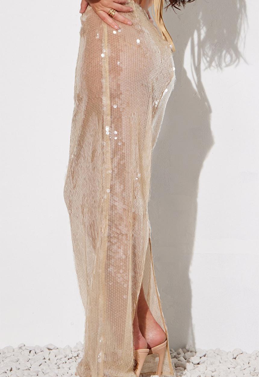 PrettyLittleThing - Sheer sequin high waist maxi skirt - light neutral