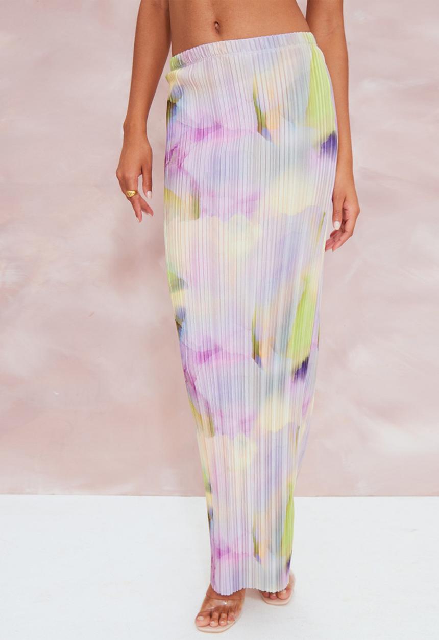 PrettyLittleThing - Multi watercolour print plisse maxi skirt - multi