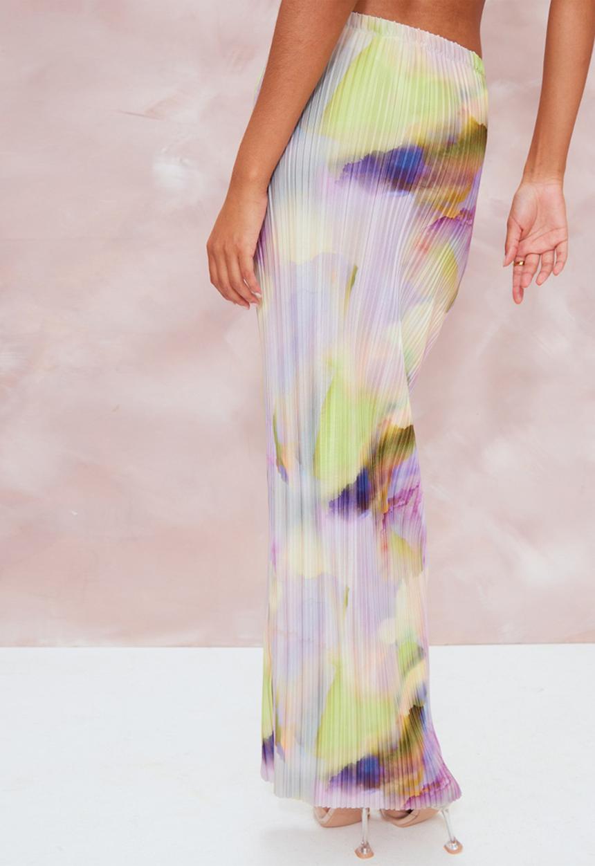 PrettyLittleThing - Multi watercolour print plisse maxi skirt - multi